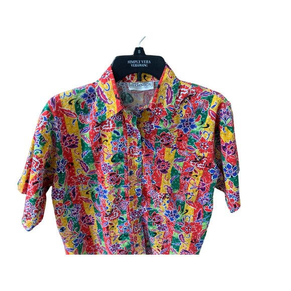 Technics Womens Size XL Bright Multicolor Print Button Up Shirt Top Short Sleeve - Picture 2 of 3